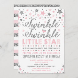 Twinkle Little Star Pink Silver Geburtstag Einladu Einladung