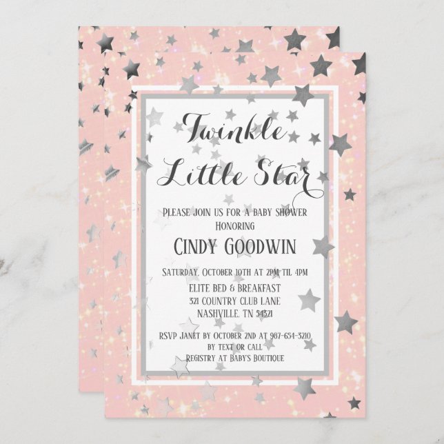 Twinkle Little Star Pink Silver Stars Baby Dusche Einladung (Vorne/Hinten)