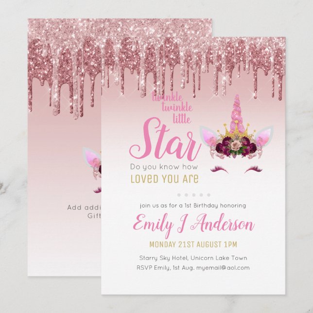 Twinkle Little Star Rose Gold Pink Einhorn Glitzer Einladung (Vorne/Hinten)