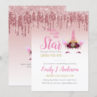 Twinkle Little Star Rose Gold Pink Einhorn Glitzer Einladung