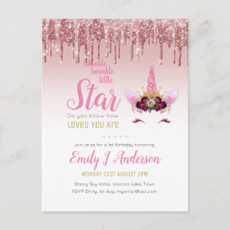 Twinkle Little Star Rose Gold Pink Einhorn Glitzer Postkarte
