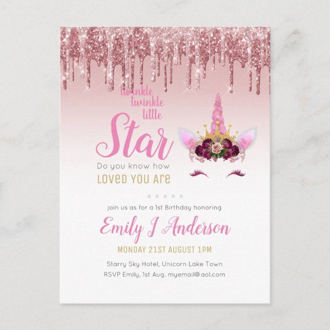 Twinkle Little Star Rose Gold Pink Einhorn Glitzer Postkarte (Vorderseite)