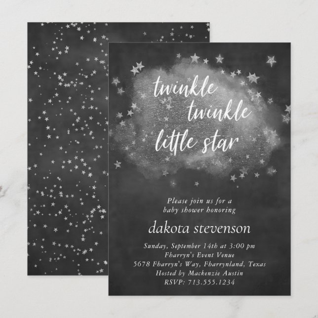 Twinkle Little Star | Steinkohle Grau und Silber Einladung (Vorne/Hinten)