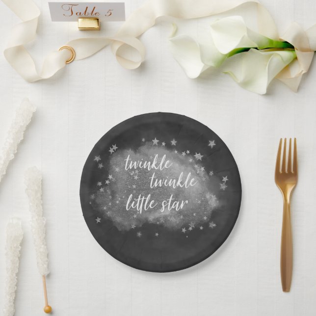 Twinkle Little Star | Steinkohle Grau und Silber Pappteller (Hochzeit)