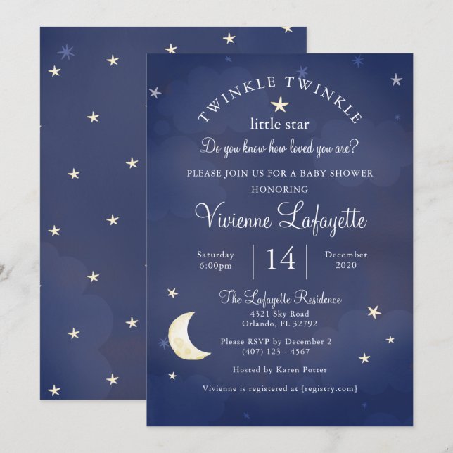 Twinkle Little Star und Moon Dark Blue Baby Dusche Einladung (Vorne/Hinten)