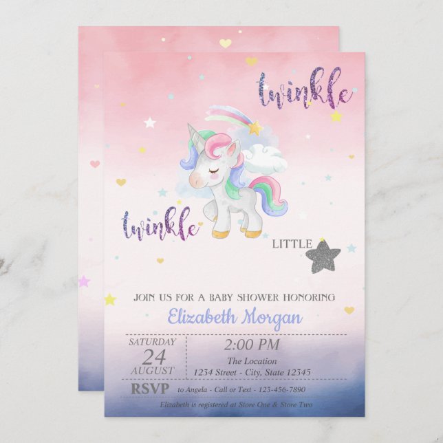 Twinkle Little Star Unicorn Kinderdusche Einladung (Vorne/Hinten)