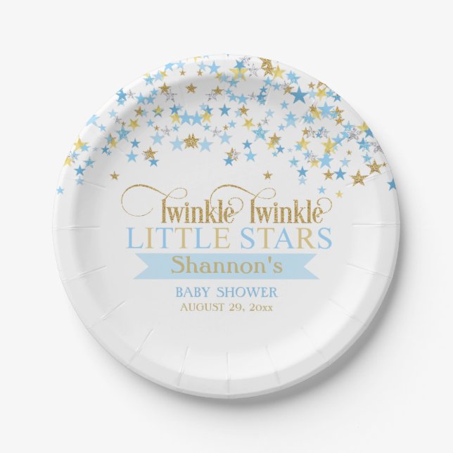 Twinkle Little Stars Baby Twin Boys Blue Gold Pappteller (Vorderseite)