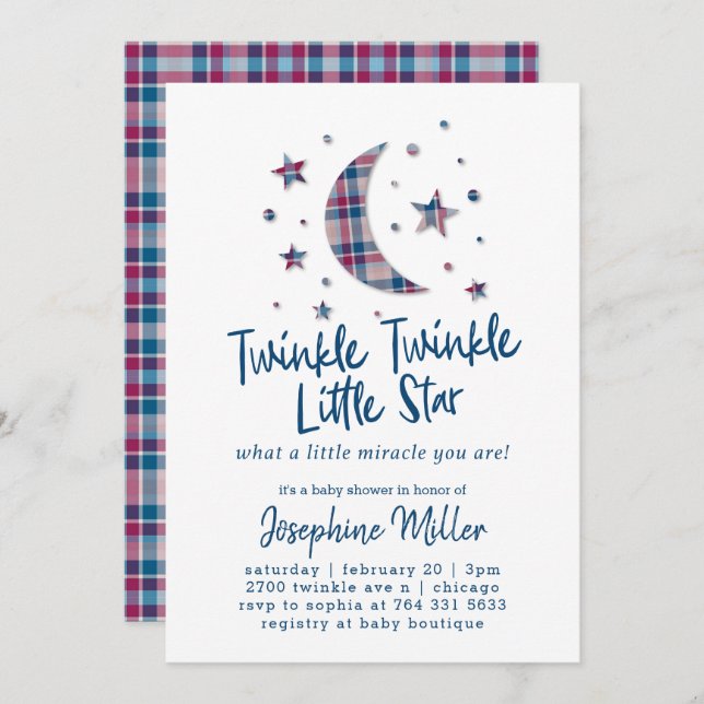 Twinkle Little Stars Karierte Babydusche Einladung (Vorne/Hinten)