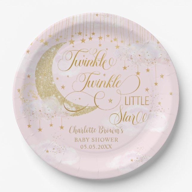 Twinkle Little Stars Moon Pastel Pink Baby Shower Pappteller (Vorderseite)