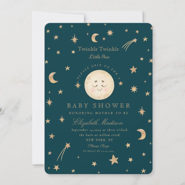 Twinkle Little Stars Niedlich Moon Babydusche Einladung (Vorderseite)