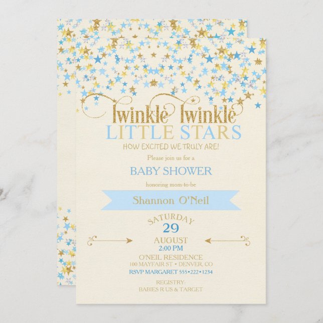 Twinkle Little Stars Twin Baby Boys Gold Blue Einladung (Vorne/Hinten)