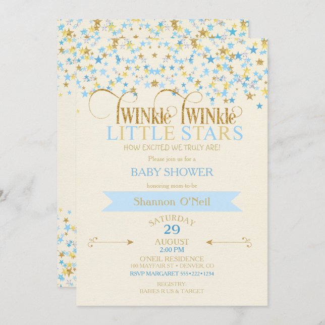 TWINkle Little Stars Twin Baby Boys Gold Blue Einladung (Vorne/Hinten)
