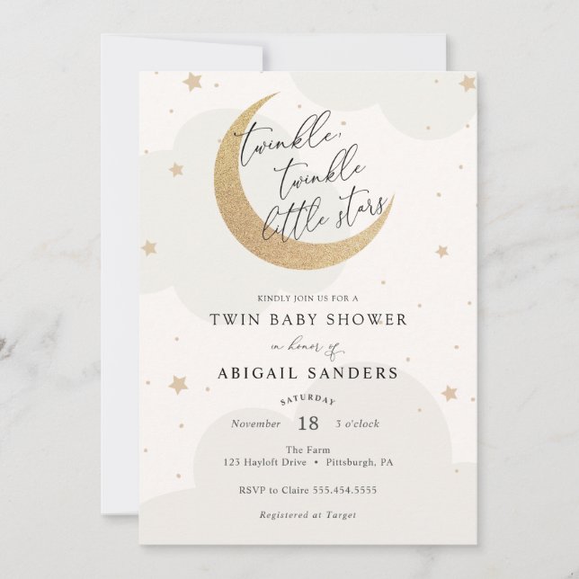 Twinkle Little Stars Twin Baby Shower Einladung (Vorderseite)