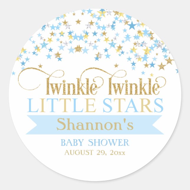Twinkle Little Stars Twins Baby Dusche Blue & Gold Runder Aufkleber (Vorderseite)