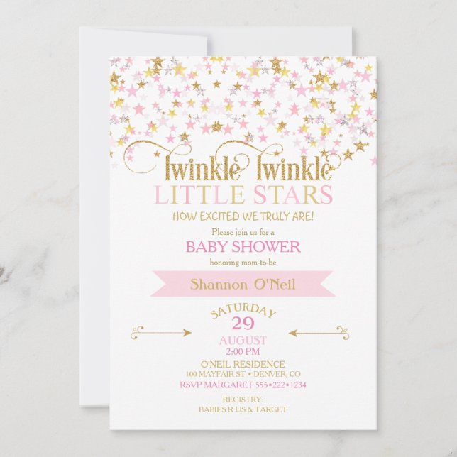 Twinkle Little Stars Twins Baby Dusche Pink Gold Einladung (Vorderseite)