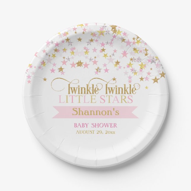 Twinkle Little Stars Twins Baby Dusche Pink Gold Pappteller (Vorderseite)