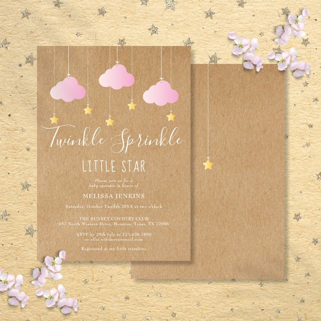 Twinkle Sprinkle Baby Dusche Rosa Rustikale Kraft Einladung (Twinkle Sprinkle Baby Shower Pink Rustic Kraft Invitation)