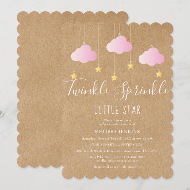 Twinkle Sprinkle Babydusche Rosa Rustikaler Boho Einladung (Vorne/Hinten)