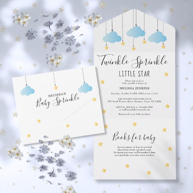 Twinkle Sprinkle Blue Clouds Gold Star Baby Dusche All In One Einladung (Twinkle Sprinkle Blue Clouds Gold Star Baby Shower All In One Invitation)