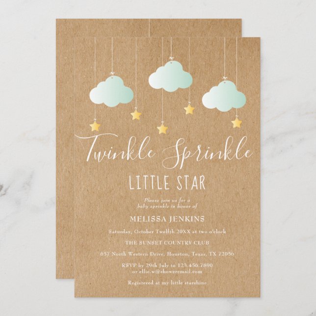 Twinkle Sprinkle Kinderdusche / Sprinkle Rustikal Einladung (Vorne/Hinten)