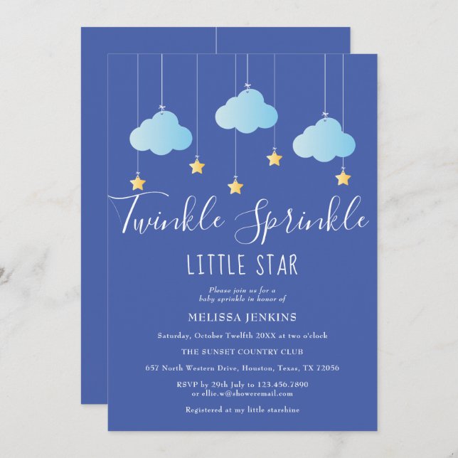 Twinkle Sprinkle Little Star Baby Dusche Blau Einladung (Vorne/Hinten)