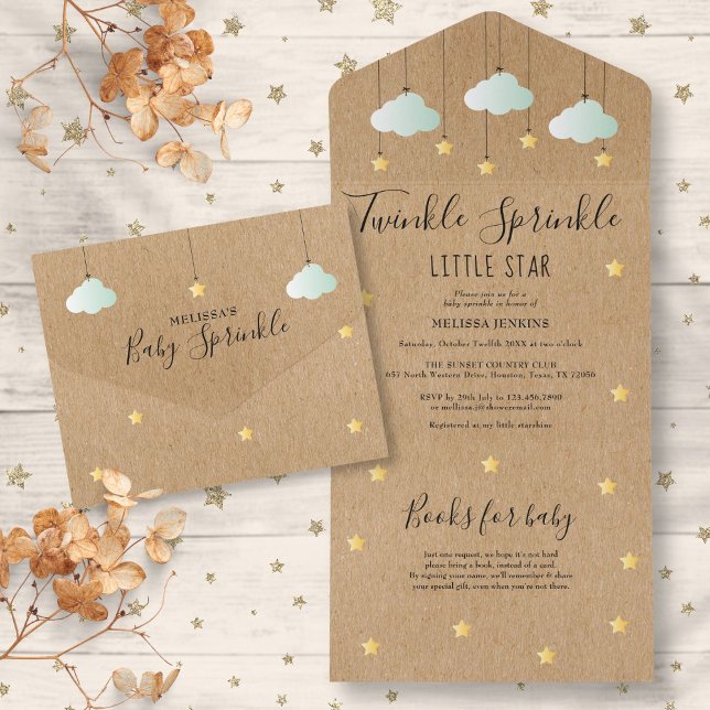 Twinkle Sprinkle Rustikale neutrale Babydusche All In One Einladung (Twinkle Sprinkle Rustic Gender Neutral Baby Shower All In One Invitation)