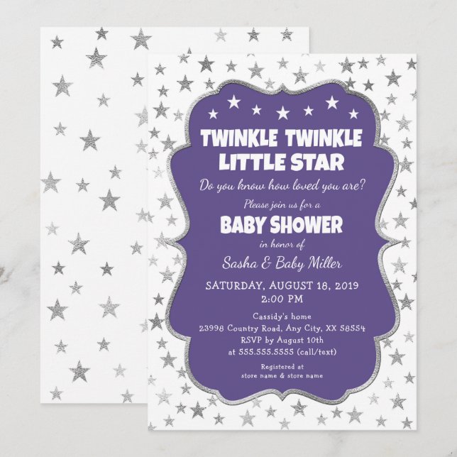 Twinkle Star Baby Shower ultra violette Einladunge Einladung (Vorne/Hinten)