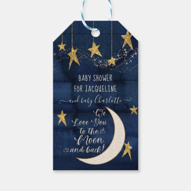 Twinkle Star Moon Navy Blue Gold Baby Boy Dusche Geschenkanhänger (Vorderseite)