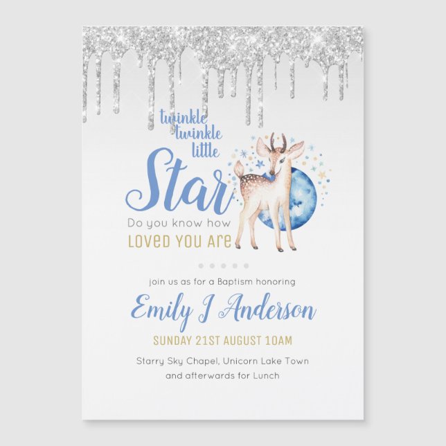 TWINKLE Star Tropfen Glitzer Woodland Deer BAPTISM Magnetkarte (Vorderseite)