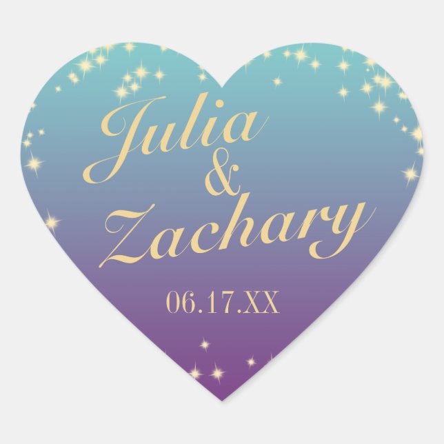 Twinkle Stars Ombre' Aquamarine Lila Hochzeit Herz-Aufkleber (Vorderseite)