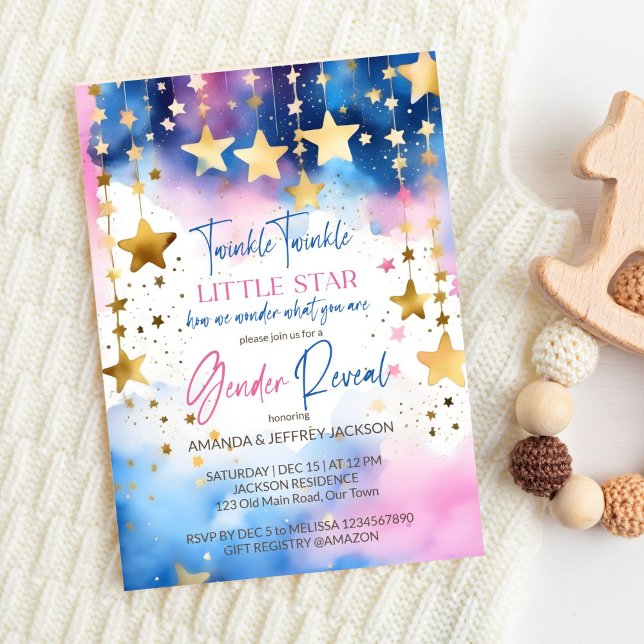 Twinkle Tinkle kleine Sternengeschlecht offenbart Einladung (Twinkle twinkle little star gender reveal editable template invitation digital download gold stars)