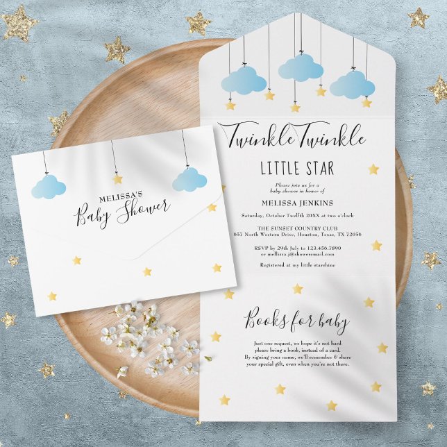 Twinkle Twinkle Blue Clouds Gold Stars Baby Dusche All In One Einladung (Twinkle Twinkle Blue Clouds Gold Stars Baby Shower All In One Invitation)