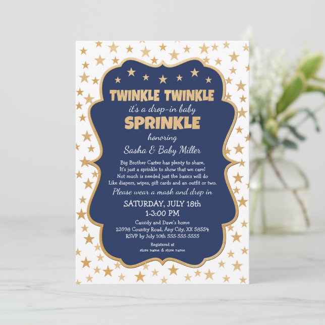 Twinkle Twinkle Drop-in Navy Gold Baby Sprinkle Einladung (Stehend Vorderseite)