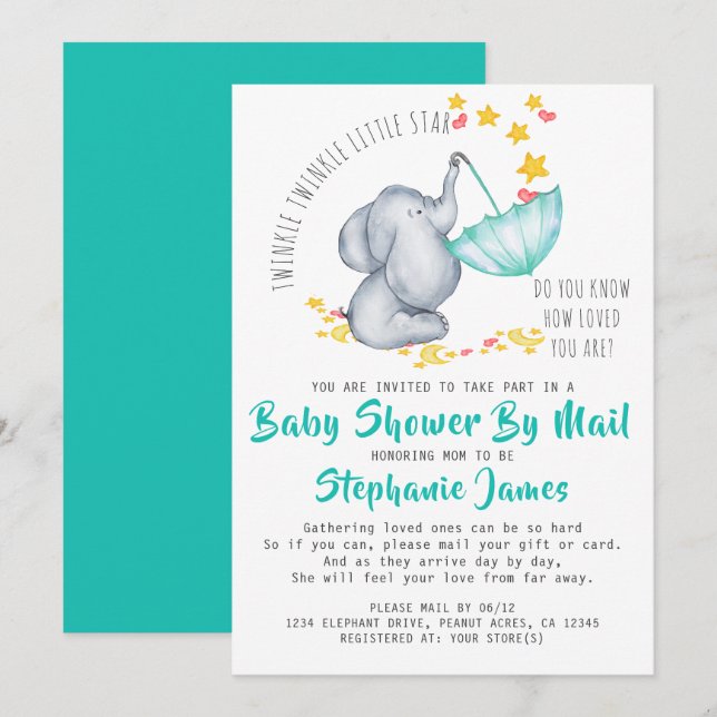 Twinkle Twinkle Elephant Baby Dusche von Mail Einladung (Vorne/Hinten)