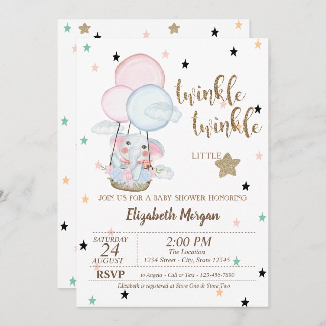 Twinkle Twinkle, Elephant Balloons Babydusche Einladung (Vorne/Hinten)