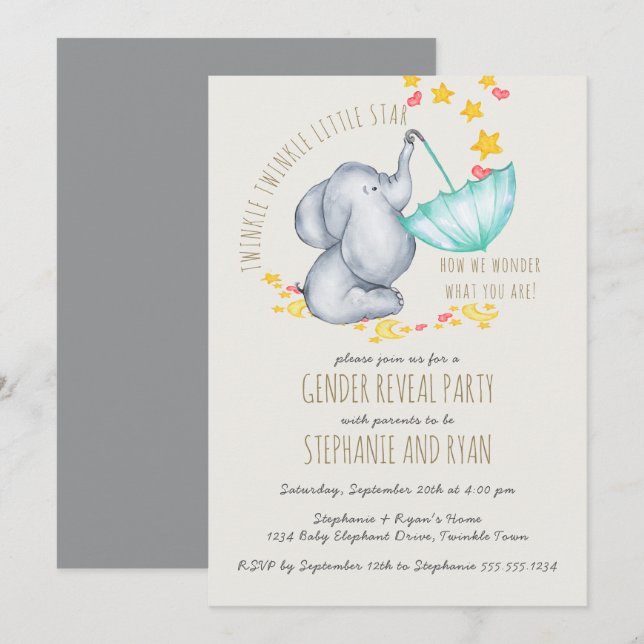 Twinkle Twinkle Elephant Gray Gender Reveal Einladung (Vorne/Hinten)