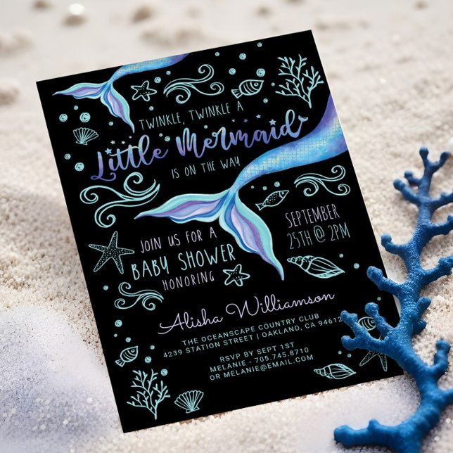 Twinkle Twinkle Iridescent Ocean Meerjungfrau Schw Einladung (Twinkle Twinkle Iridescent Ocean Mermaid Black Invitation)