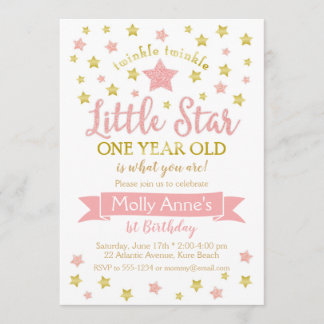 Twinkle Twinkle Little Star 1. Geburtstag Pink Gol Einladung