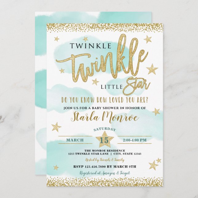Twinkle Twinkle Little Star Baby Boy Dusche Einladung (Vorne/Hinten)