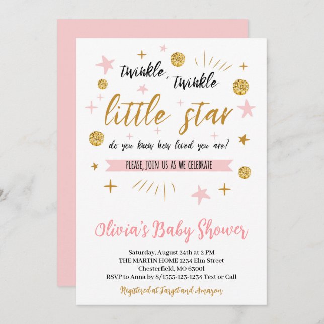 Twinkle Twinkle Little Star Baby Dusche, Gold Pink Einladung (Vorne/Hinten)