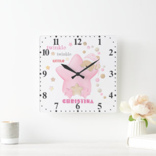Twinkle Twinkle Little Star Baby Girl Teddy Bear Quadratische Wanduhr