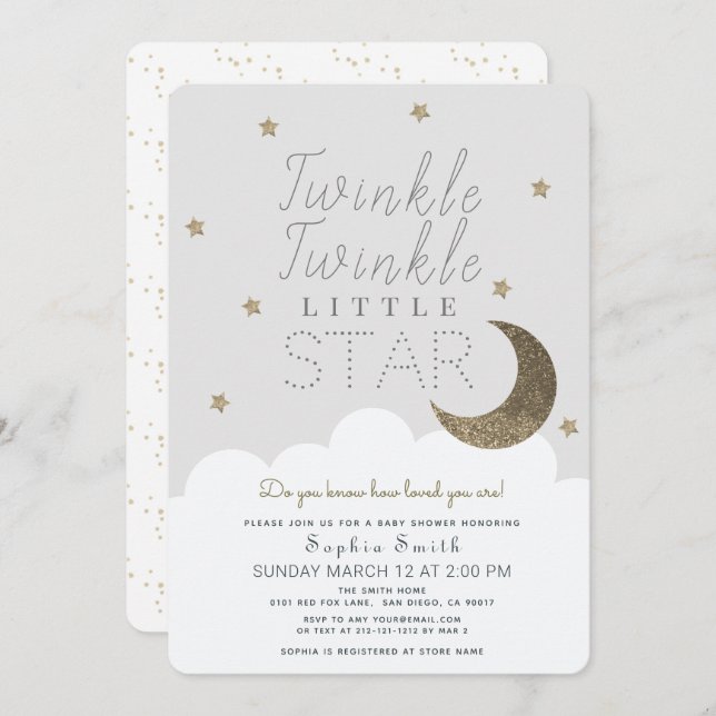 Twinkle Twinkle Little Star Baby Gray Baby Dusche Einladung (Vorne/Hinten)