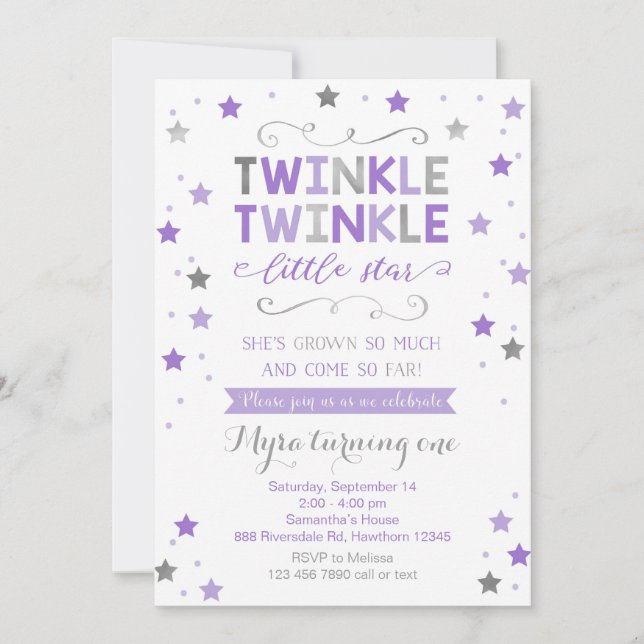 Twinkle Twinkle Little Star Birthday Invite, Mädch Einladung (Vorderseite)
