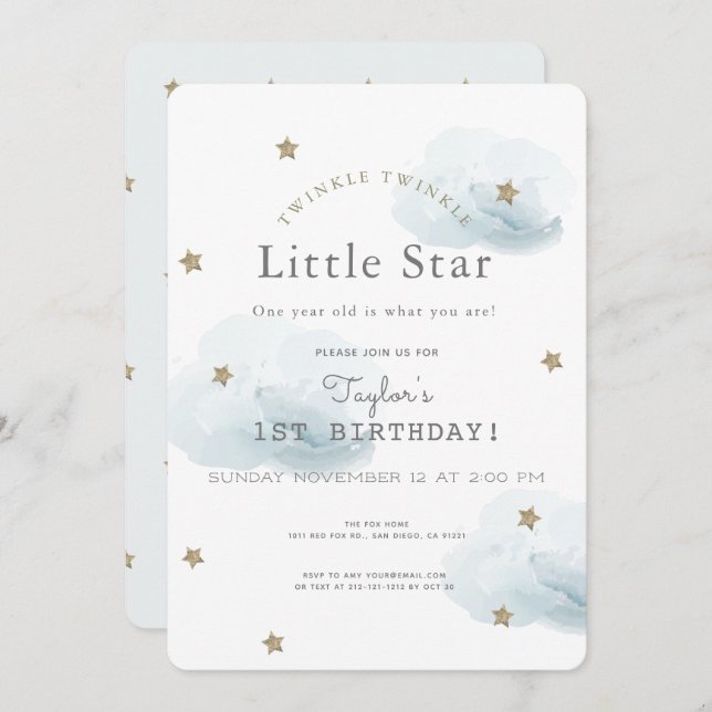 Twinkle Twinkle Little Star Blue Birthday Einladung (Vorne/Hinten)