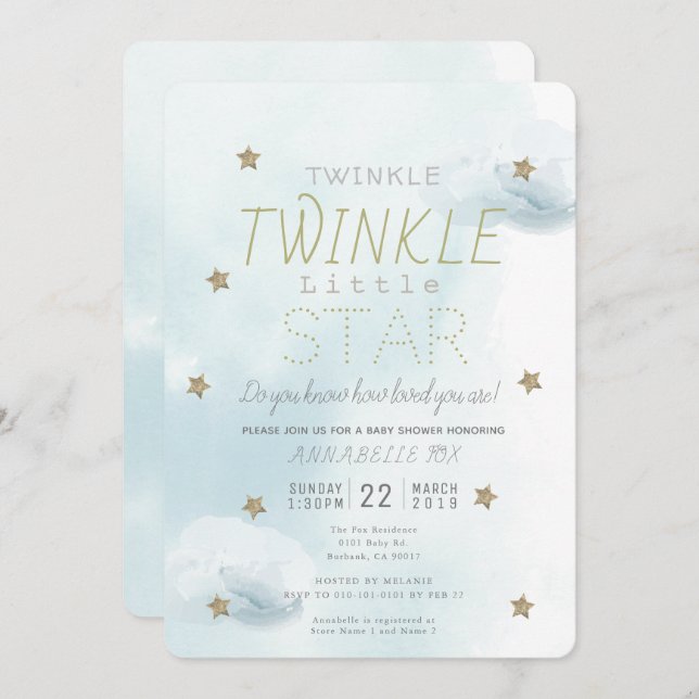 Twinkle Twinkle Little Star Blue Boy Baby Dusche Einladung (Vorne/Hinten)