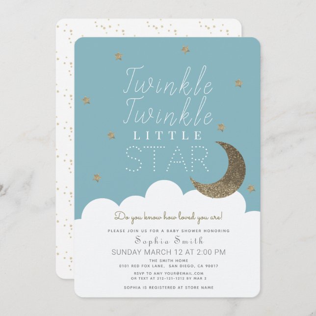 Twinkle Twinkle Little Star Blue Boy Baby Dusche Einladung (Vorne/Hinten)