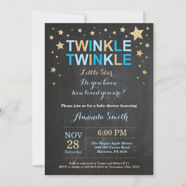 Twinkle Twinkle Little Star Blue Gold Baby Dusche Einladung (Vorderseite)