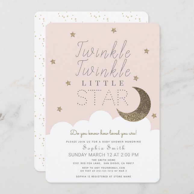 Twinkle Twinkle Little Star Blush Pink Baby Dusche Einladung (Vorne/Hinten)