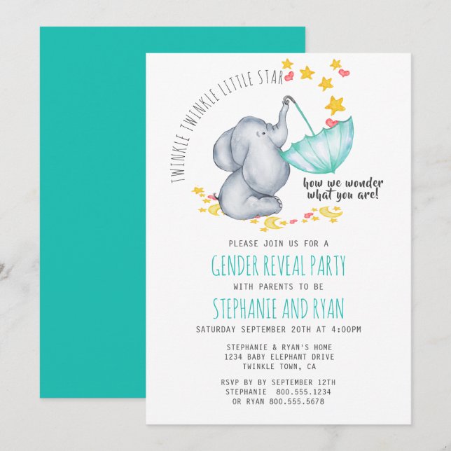 Twinkle Twinkle Little Star Elephant Gender Reveal Einladung (Vorne/Hinten)