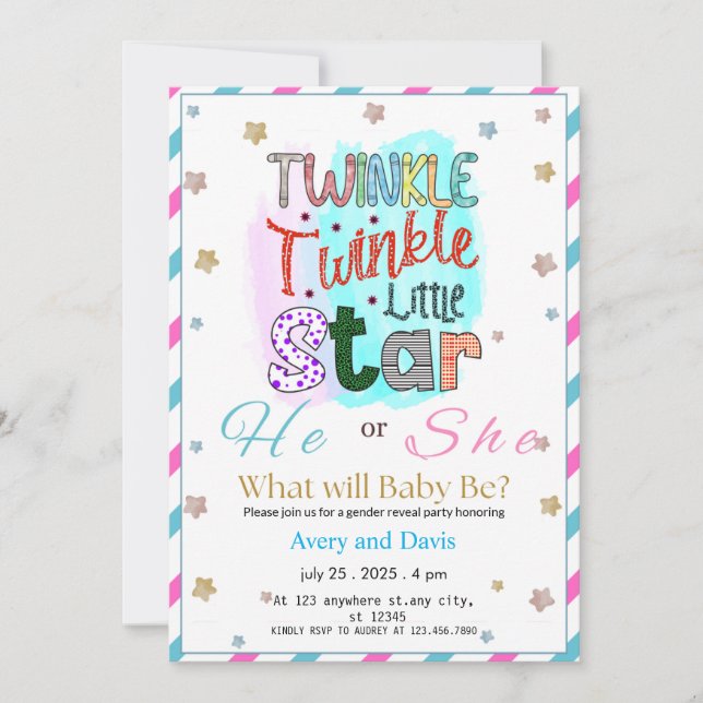 Twinkle Twinkle Little Star Gender Reveal Einladung (Vorderseite)